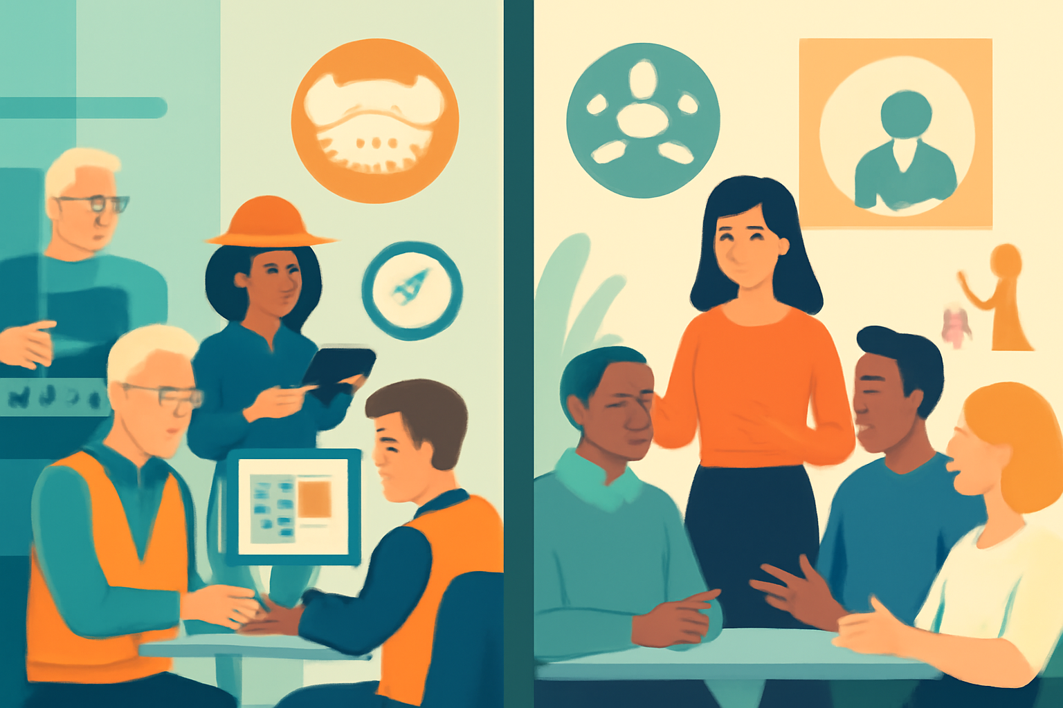 Die Abbildung von Menschen zweier verschiedener Unternehmen, die miteinander arbeiten - Erstellt mit AI-Prompt.