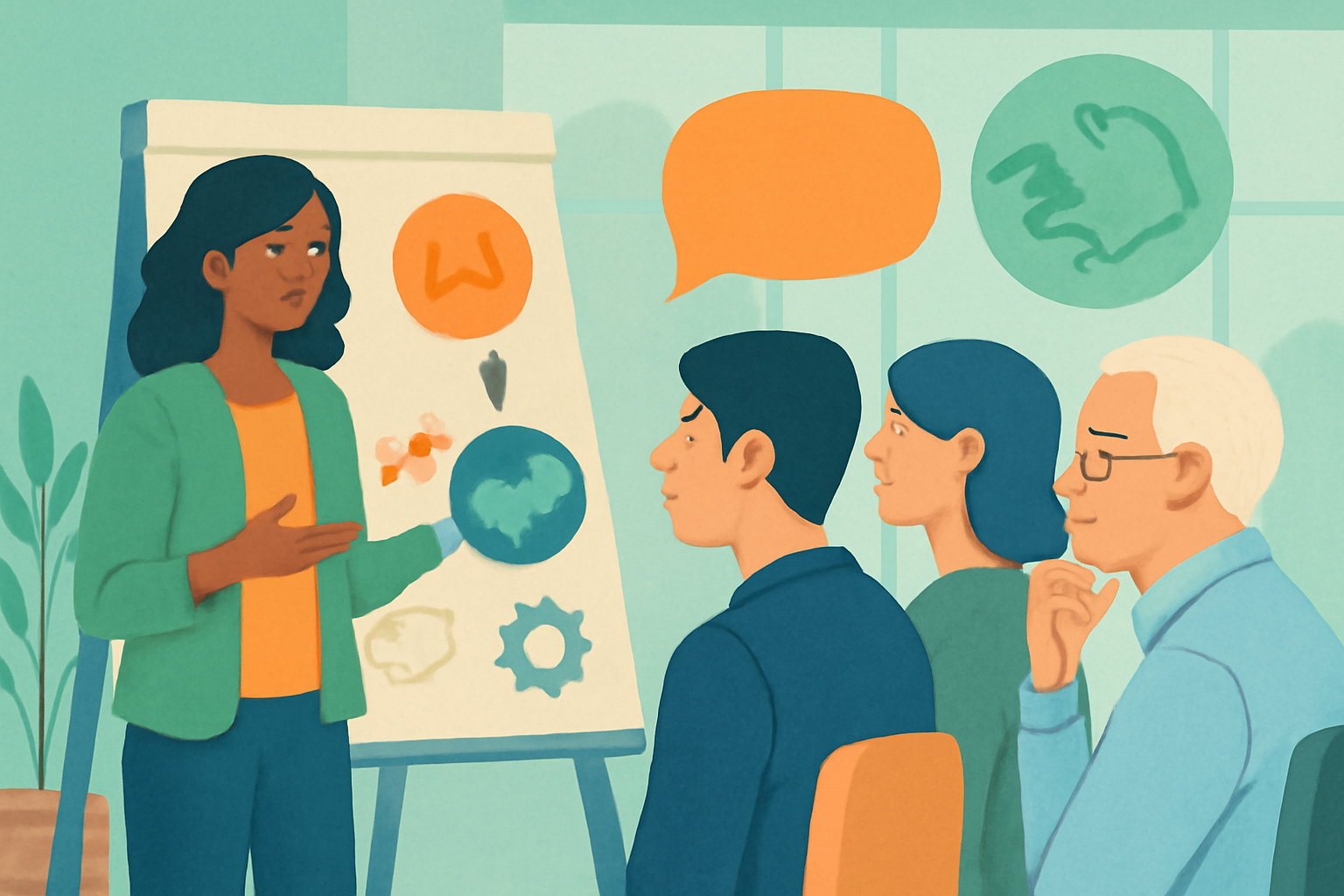 Die Abbildung einer Person, die 3 anderen Personen etwas erklärt - Erstellt mit AI-Prompt.