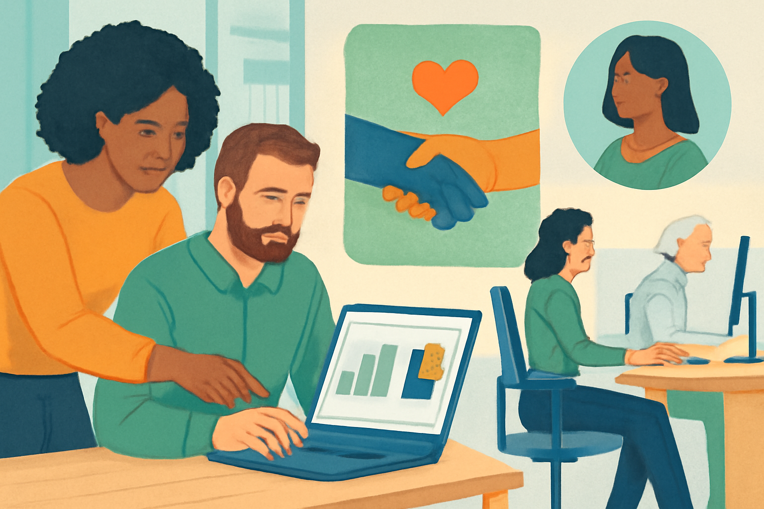 Die Abbildung von mehreren Menschen, die miteinander an Laptops arbeiten - Erstellt mit AI-Prompt.