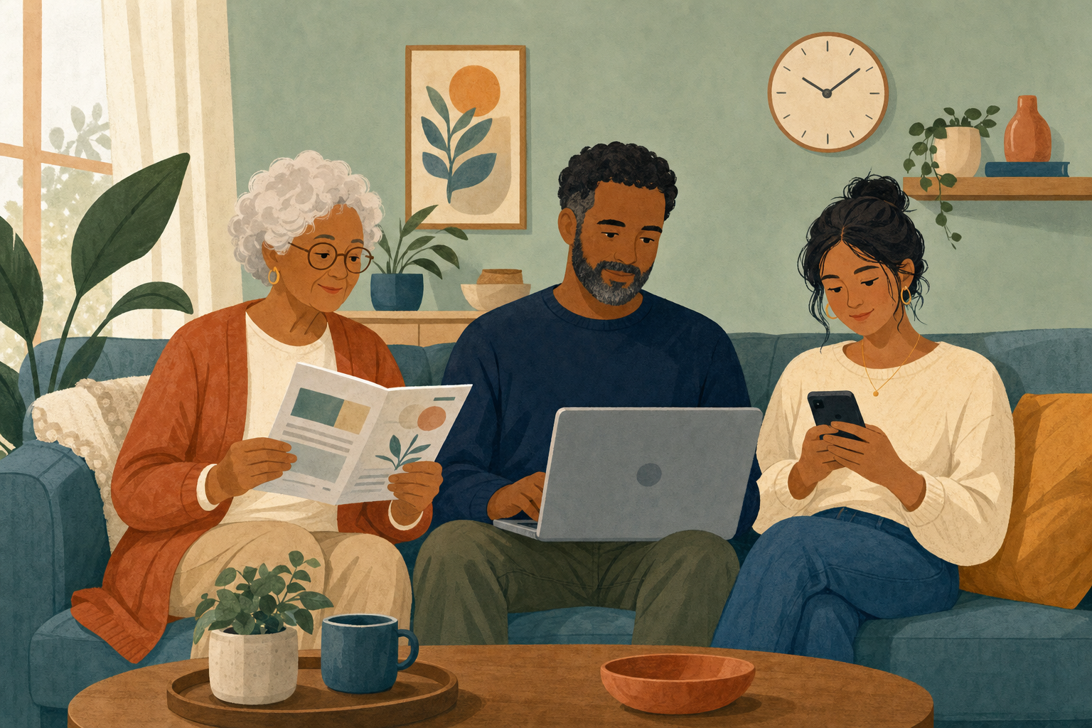 Drei Generationen einer österreichischen Familie auf dem Sofa, jede Person mit einem eigenen Gerät beim Einkaufen und Spielen
